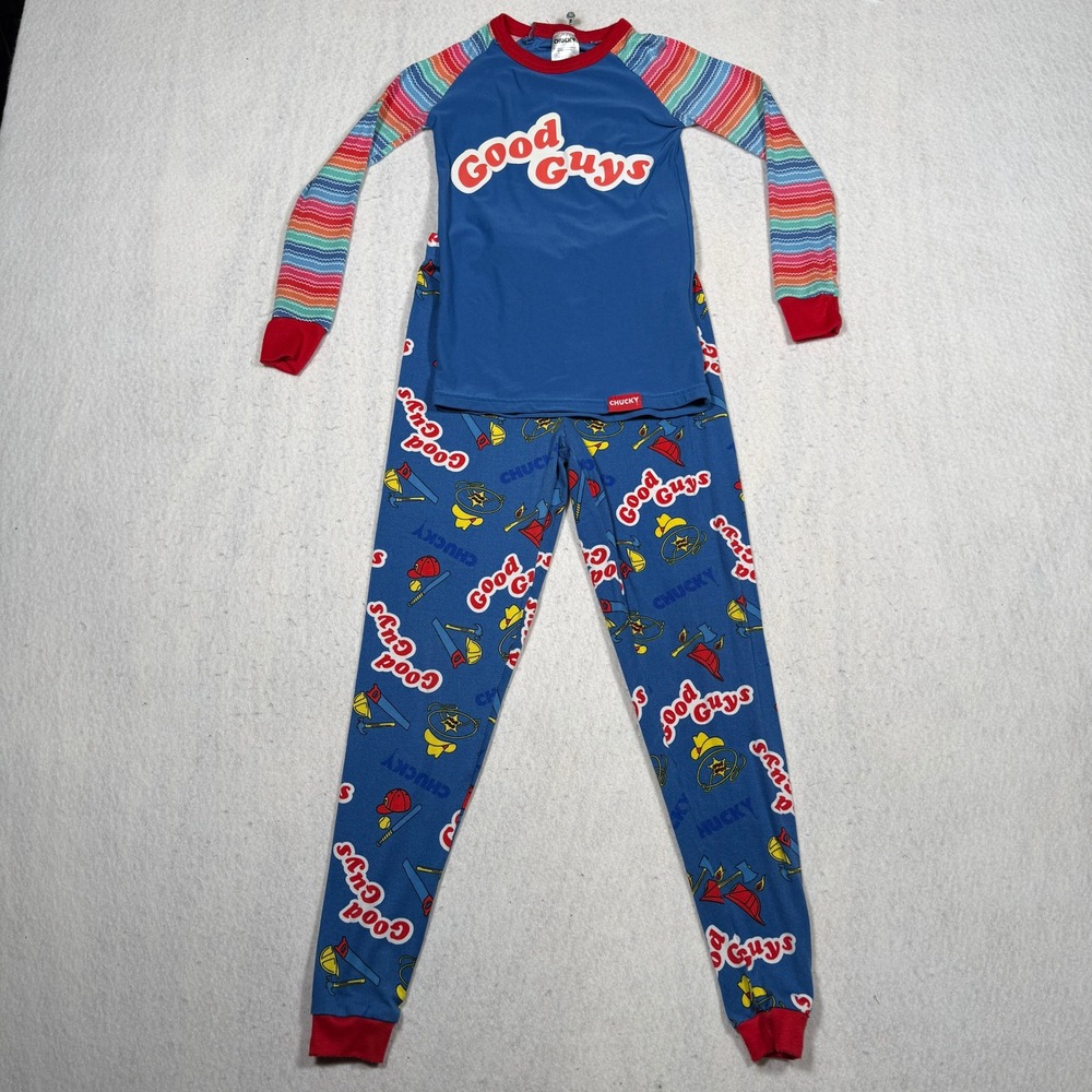 Chucky Good Guys Pajama Set Kids Medium Blue Rainbow Stripes Horror Movie Sleep